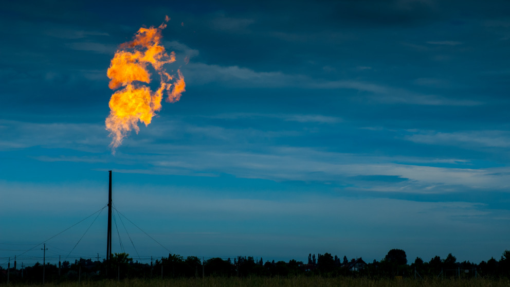 A powerful greenhouses gas, methane escapes from a pipeline during maintenance work.